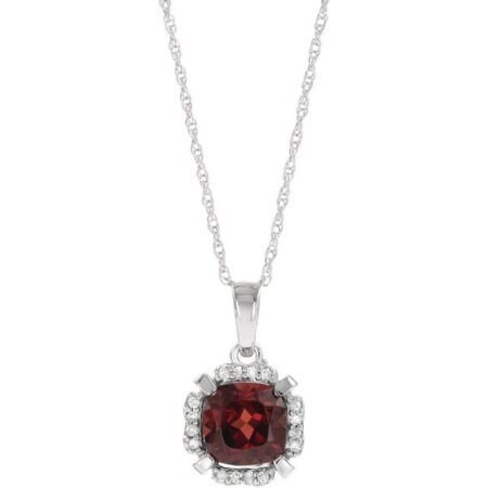 14k White Natural Mozambique Garnet & .04 Ctw Natural Diamond 18' Necklace