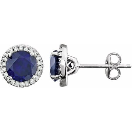 14k White Lab-grown Blue Sapphire & 1/8 Ctw Natural Diamond Earrings