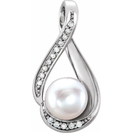 14k White Cultured White Freshwater Pearl & .03 Ctw Natural Diamond Pendant