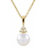 14k Yellow Cultured White Akoya Pearl & .05 Ctw Natural Diamond Necklace