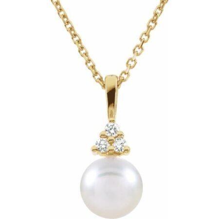 14k Yellow Cultured White Akoya Pearl & .05 Ctw Natural Diamond Necklace