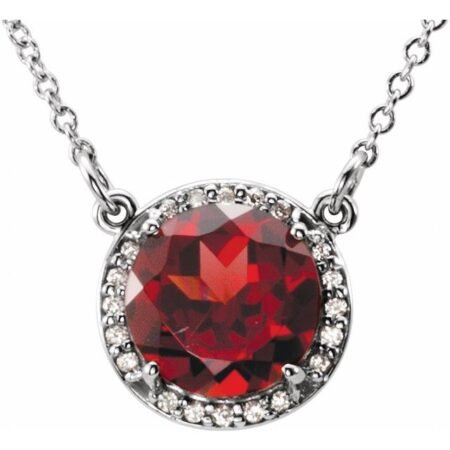 14k White 8 Mm Natural Mozambique Garnet & .05 Ctw Natural Diamond 16' Necklace