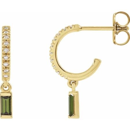 14k Yellow Natural Green Tourmaline & .08 Ctw Natural Diamond French-set Hoop Earrings
