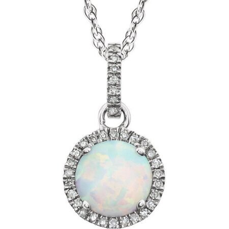 14k White Lab-grown Opal & 1/10 Ctw Natural Diamond 18' Necklace
