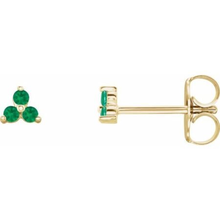 14k Yellow Natural Emerald Three Stone Earrings