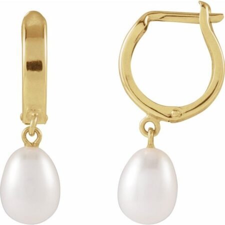 14k Yellow Cultured White Freshwater Pearl Hoop Earrings