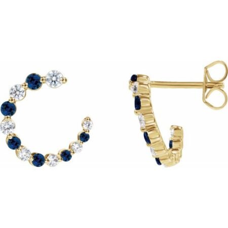 14k Yellow Natural Blue Sapphire & 1/3 Ctw Natural Diamond Front-back Hoop Earrings
