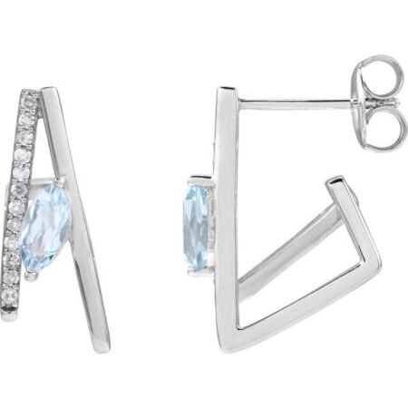 14k White Natural Sky Blue Topaz & 1/8 Ctw Natural Diamond Earrings