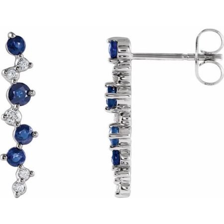 14k White Natural Blue Sapphire & 1/10 Ctw Natural Diamond Earrings