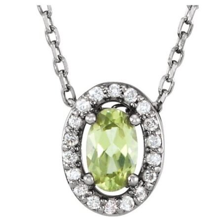 14k White Natural Peridot & .04 Ctw Natural Diamond 16' Necklace