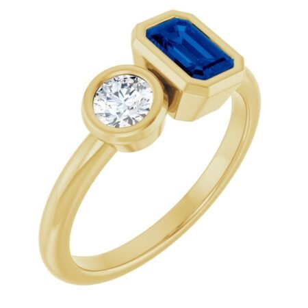 14k Yellow Lab-grown Blue Sapphire & 1/4 Ctw Lab-grown Diamond Ring