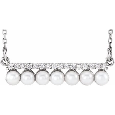 14k White Cultured White Freshwater Pearl & 1/8 Ctw Natural Diamond Bar 16-18' Necklace