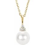 14k Yellow Cultured White Freshwater Pearl & .05 Ctw Natural Diamond 18' Necklace