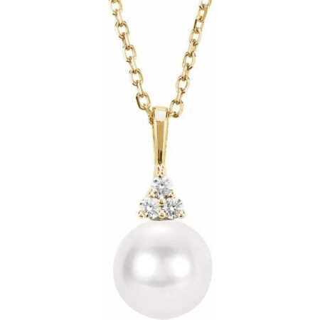 14k Yellow Cultured White Freshwater Pearl & .05 Ctw Natural Diamond 18' Necklace