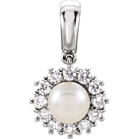 14k White Cultured White Freshwater Pearl & 1/3 Ctw Natural Diamond Pendant