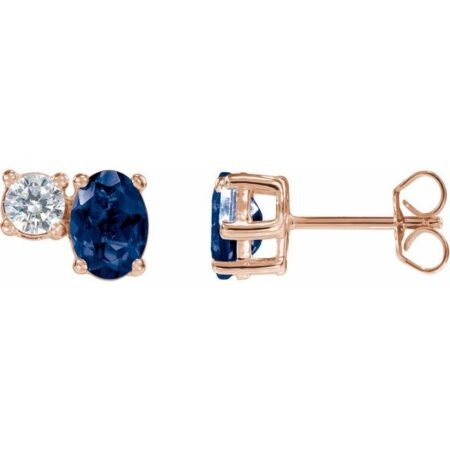 14k Rose Lab-grown Blue Sapphire & 1/2 Ctw Lab-grown Diamond Earrings