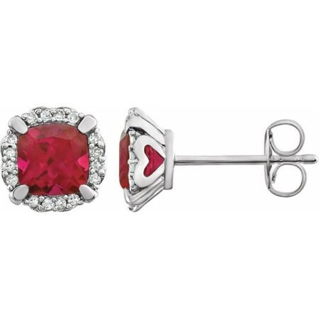 14k White Lab-grown Ruby & 1/10 Ctw Natural Diamond Earrings