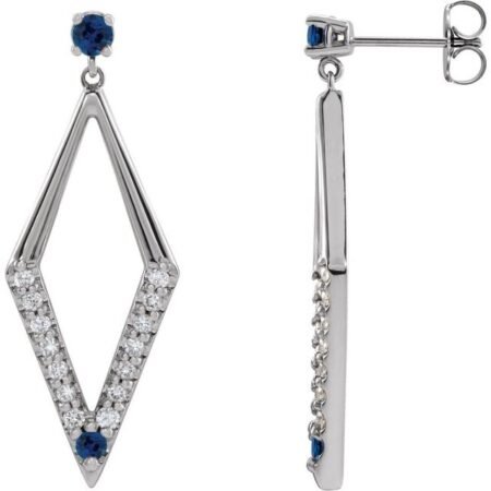 14k White Natural Blue Sapphire & 3/8 Ctw Natural Diamond Geometric Earrings