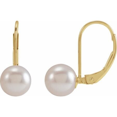 14k Yellow Cultured White Akoya Pearl Lever Back Earrings