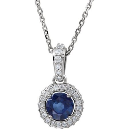 14k White Natural Blue Sapphire & 1/5 Ctw Natural Diamond 18' Necklace