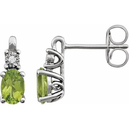 14k White Natural Peridot & .02 Ctw Natural Diamond Earrings