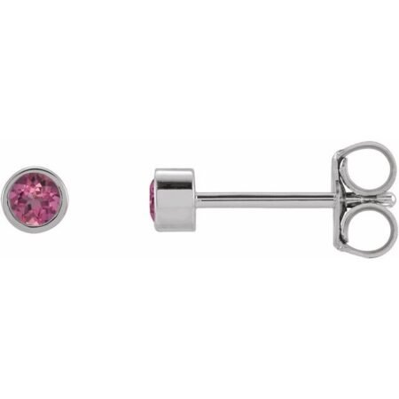 14k White 2.5 Mm Round Natural Pink Tourmaline Micro Bezel Single Stud Earring