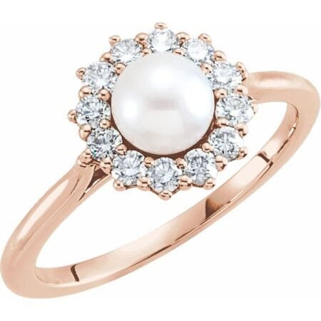 14k Rose Cultured White Freshwater Pearl & 3/8 Ctw Natural Diamond Ring