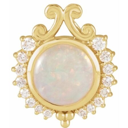 14k Yellow Natural White Opal & 1/6 Ctw Natural Diamond Pendant