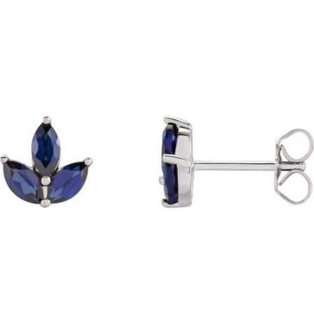 14k White Natural Blue Sapphire Cluster Earrings