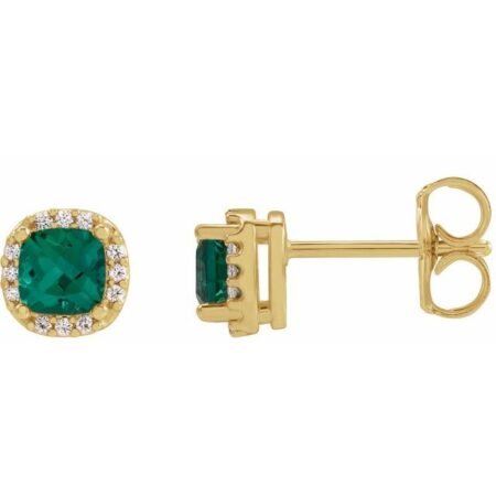 14k Yellow Lab-grown Emerald & .06 Ctw Natural Diamond Halo-style Earrings