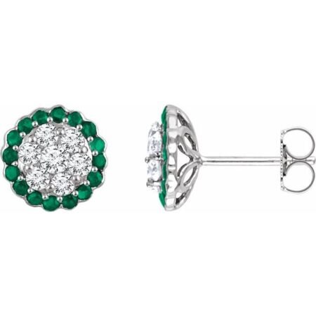 14k White Natural Emerald & 5/8 Ctw Natural Diamond Earrings