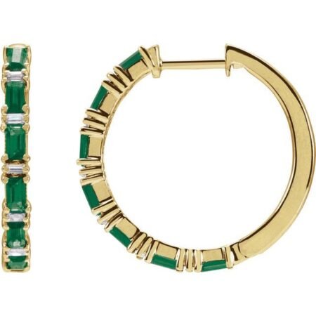 14k Yellow Natural Emerald & 1 1/4 Ctw Natural Diamond Hoop Earrings