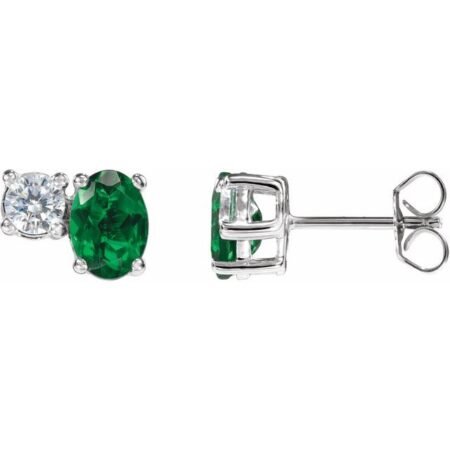 14k White Lab-grown Emerald & 1/2 Ctw Lab-grown Diamond Earrings
