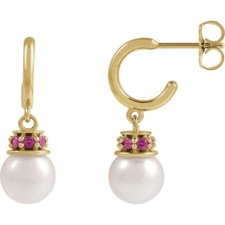 14k Yellow Cultured White Freshwater Pearl & Natural Pink Tourmaline Hoop Earrings