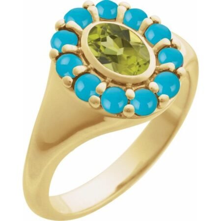 14k Yellow Natural Peridot & Natural Turquoise Halo-style Ring