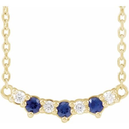 14k Yellow Lab-grown Blue Sapphire & .05 Ctw Natural Diamond Three-stone Bar 18' Necklace