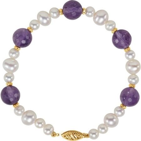 14k Yellow Natural Amethyst & Cultured White Freshwater Pearl 7 1/2' Bracelet