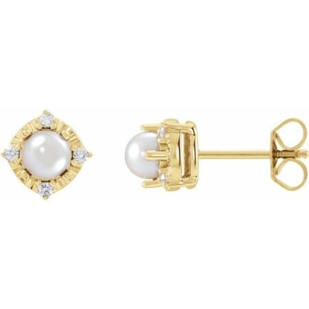 14k Yellow Cultured White Freshwater Pearl & .08 Ctw Natural Diamond Halo-style Earrings