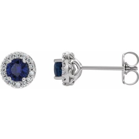 14k White 4 Mm Natural Blue Sapphire & 1/8 Ctw Natural Diamond Earrings