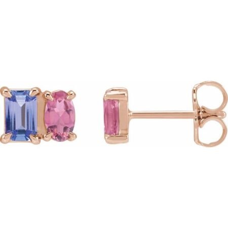 14k Rose Natural Tanzanite & Natural Pink Tourmaline Two-stone Stud Earrings