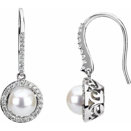 14k White Cultured White Freshwater Pearl & 1/2 Ctw Natural Diamond Earrings