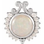 14k White Natural White Opal & 1/6 Ctw Natural Diamond Pendant
