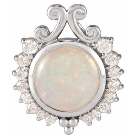 14k White Natural White Opal & 1/6 Ctw Natural Diamond Pendant