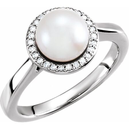 14k White Cultured White Freshwater Pearl & .06 Ctw Natural Diamond Halo-style Ring