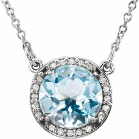 14k White 8 Mm Natural Sky Blue Topaz & .05 Ctw Natural Diamond 16' Necklace