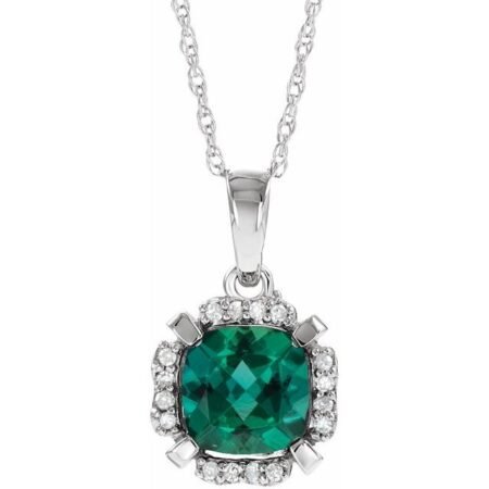 14k White Lab-grown Emerald & .04 Ctw Natural Diamond 18' Necklace