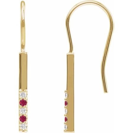 14k Yellow Natural Ruby & .08 Ctw Natural Diamond Bar Earrings