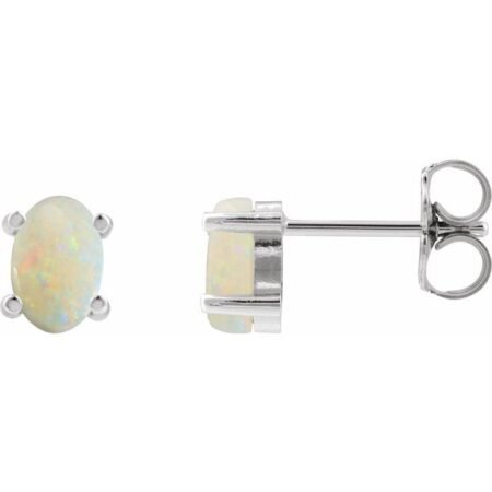 14k White 6x4 Mm Oval Natural White Opal Earrings