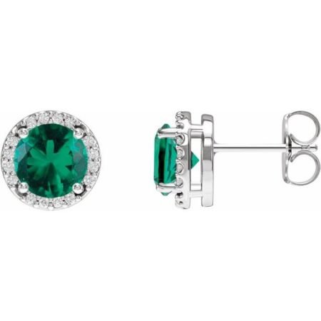 14k White Lab-grown Emerald & 1/10 Ctw Natural Diamond Halo-style Earrings