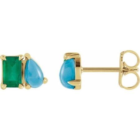 14k Yellow Lab-grown Emerald & Natural Turquoise Two-stone Stud Earrings